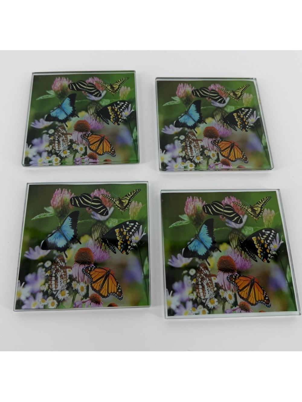 Set of Four Butterfly Print Square Glass Coasters